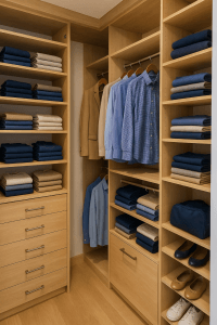 walk-in closet with shelves, drawers and hanging sections.