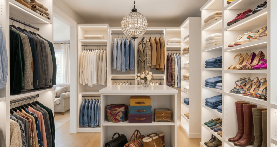 custom walk-in closet with a variety of clothes and shoes