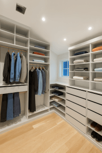 walk-in closet showing a corner with custom shelves, drawers and hanging sections