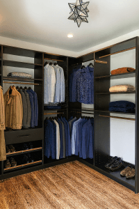 custom walk-in closet with long hanging, double hanging and shelves