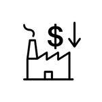 A direct representation of a factory building with a dollar sign and a down arrow, indicating low prices.