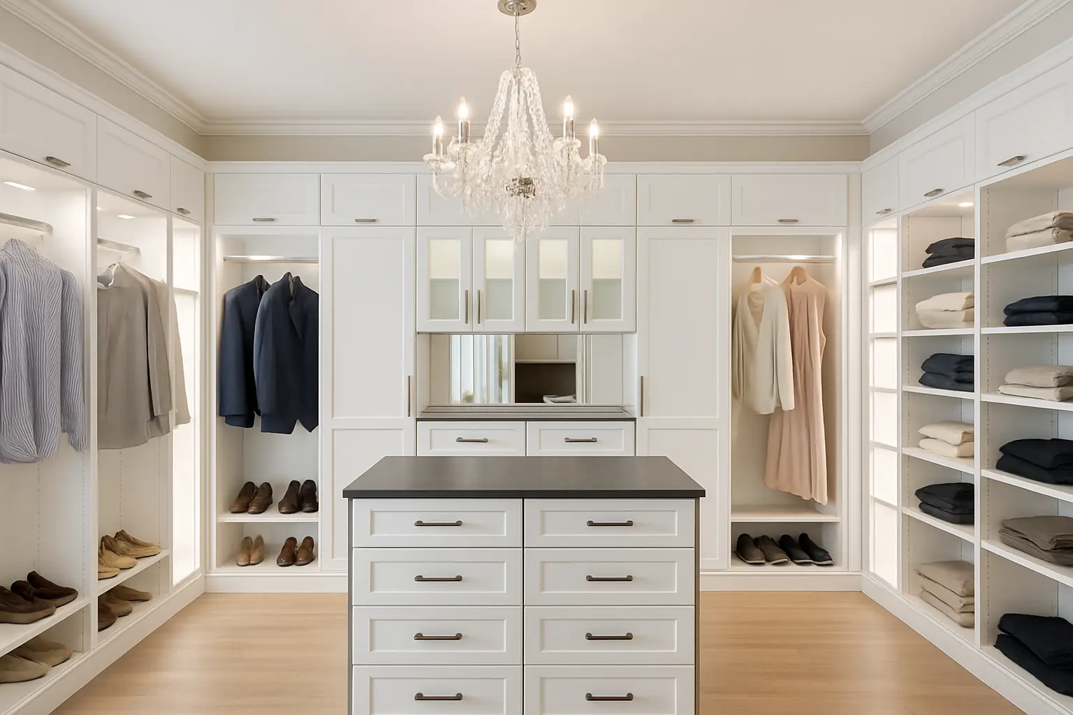 large walk-in closet with his and her side and a chandelier in the middle.