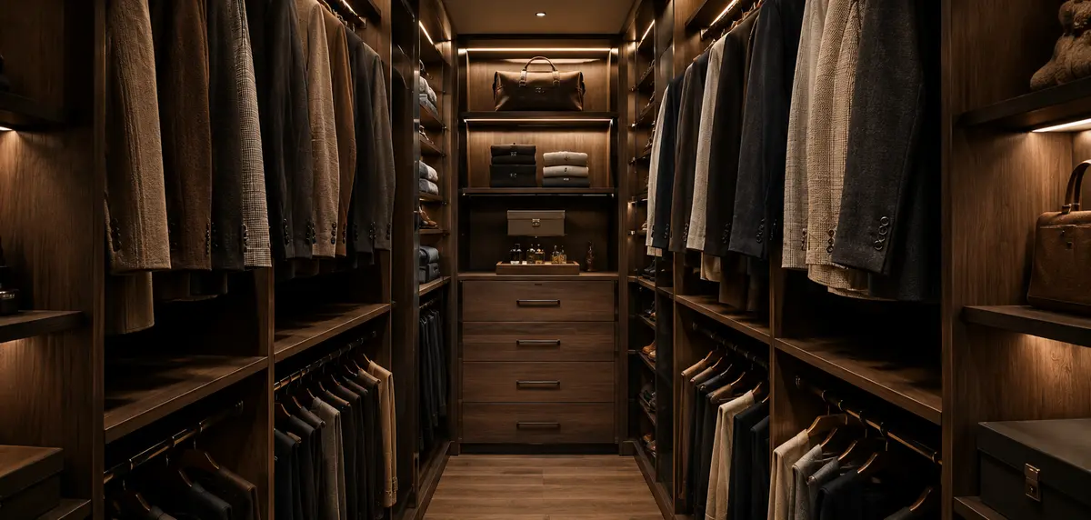 daily-routine-flow custom walk-in closet with dark wood drawers, and lots of hanging space with suit jackets and dress shirts.