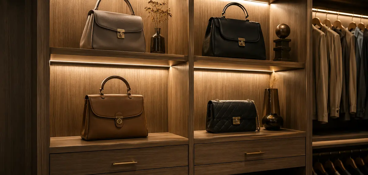 display-area lighted shelves showing bags on display