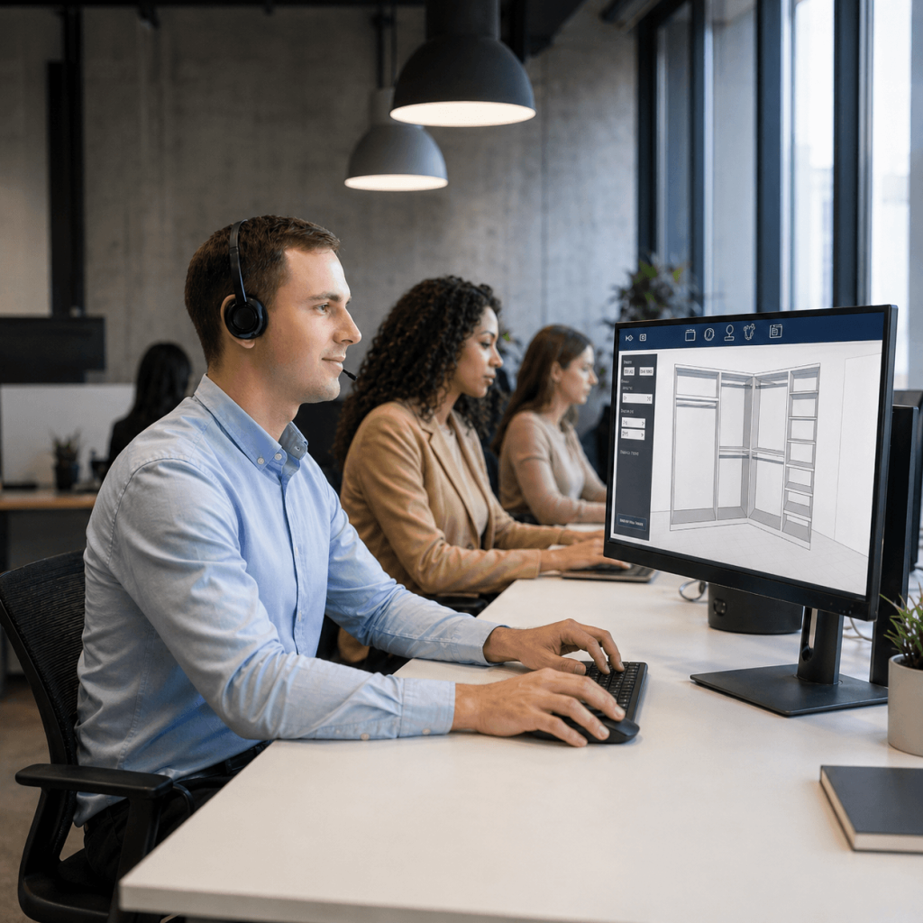 Custom Service agent looking at 3D closet designer on computer.