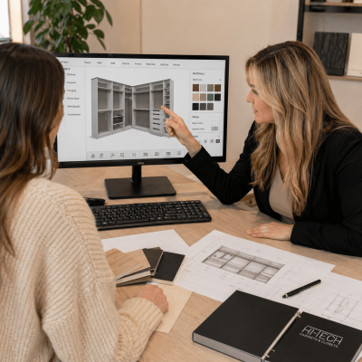 Design consultant shows client 3D closet design on computer screen.