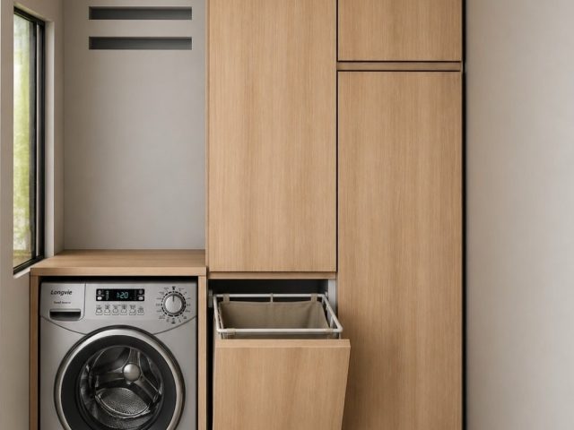 laundry room with pull-out hamper in cabinets
