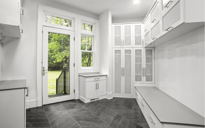 Custom mudroom storage bench and cabinets